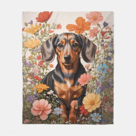 Cute Brown Dachshund och Cosmos Flowers Fleecefilt