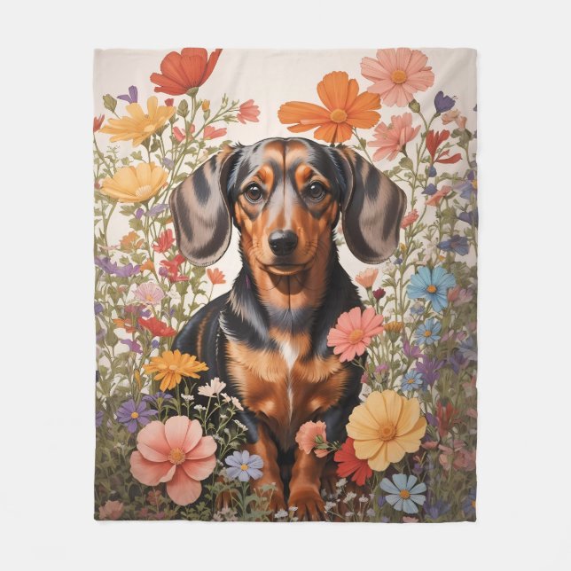 Cute Brown Dachshund och Cosmos Flowers Fleecefilt (Framsidan)