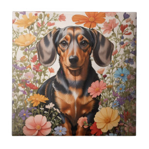 Cute Brown Dachshund och Cosmos Flowers Kakelplatta