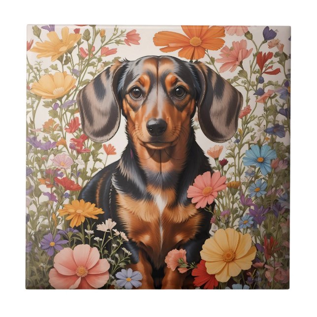 Cute Brown Dachshund och Cosmos Flowers Kakelplatta (Framsidan)