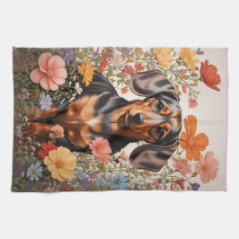 Cute Brown Dachshund och Cosmos Flowers Kökshandduk