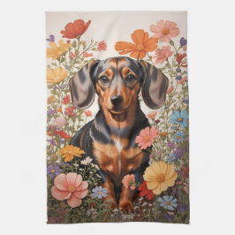 Cute Brown Dachshund och Cosmos Flowers Kökshandduk