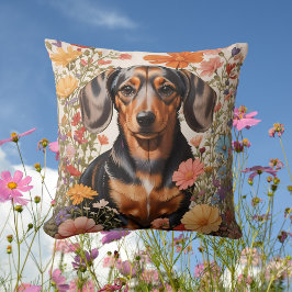 Cute Brown Dachshund och Cosmos Flowers Kudde