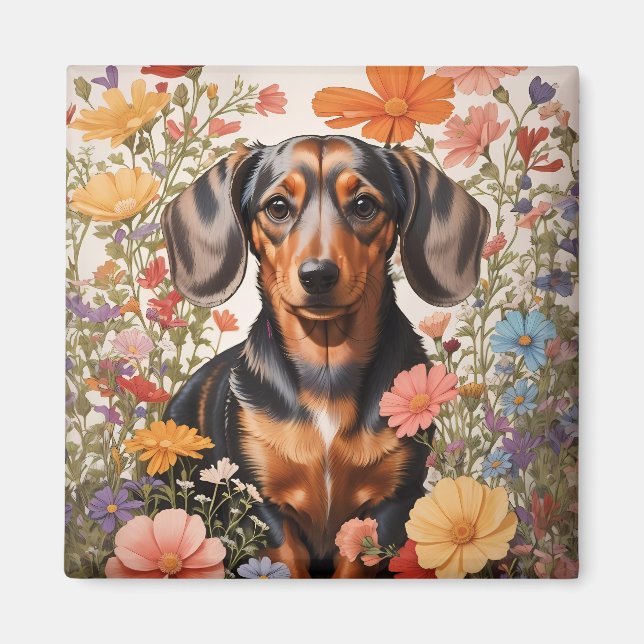 Cute Brown Dachshund och Cosmos Flowers Magnet (Framsidan)
