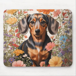 Cute Brown Dachshund och Cosmos Flowers Musmatta