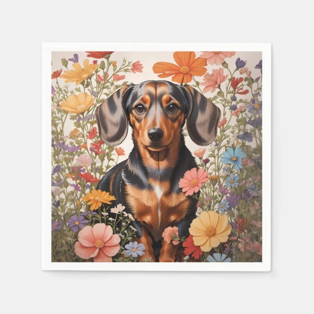 Cute Brown Dachshund och Cosmos Flowers Pappersservett (Framsidan)