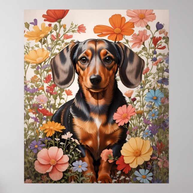 Cute Brown Dachshund och Cosmos Flowers Poster (Framsidan)