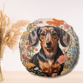 Cute Brown Dachshund och Cosmos Flowers Rund Kudde