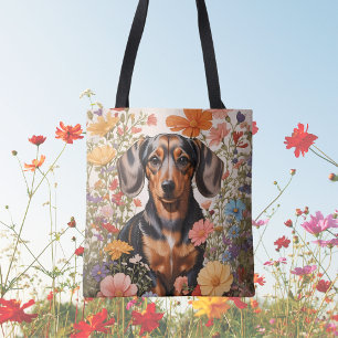 Cute Brown Dachshund och Cosmos Flowers Tygkasse