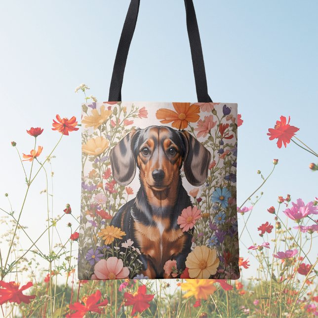 Cute Brown Dachshund och Cosmos Flowers Tygkasse (Skapare uppladdad)