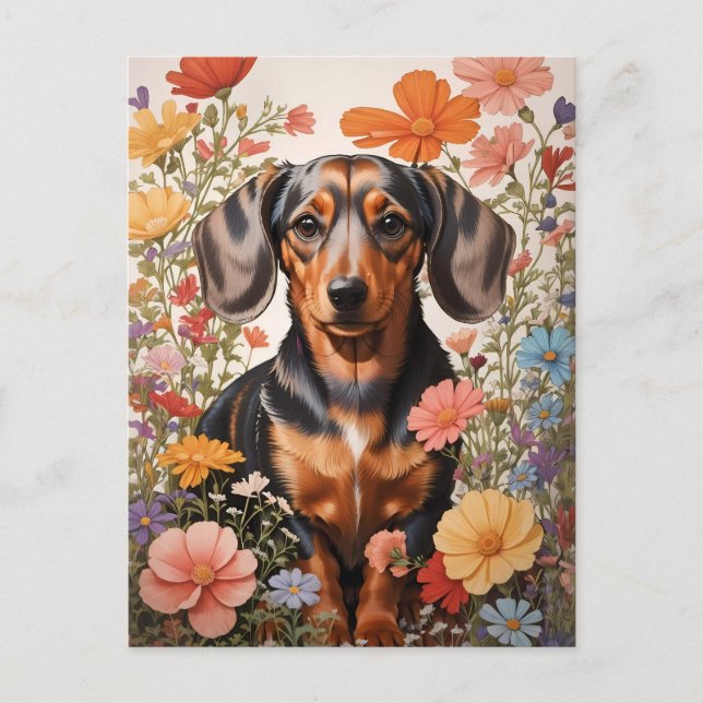 Cute Brown Dachshund och Cosmos Flowers Vykort (Framsida)