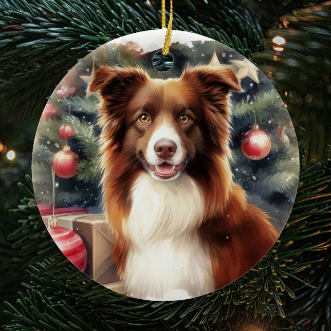 Cute Brown Gräns Collie-jul Julgransprydnad Keramik (Skapare uppladdad)