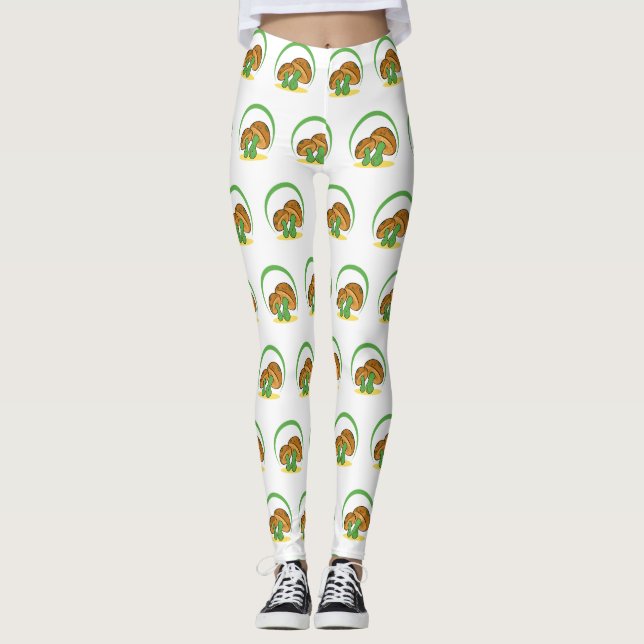 Cute Brown Grönt Tecknad Mushroom Fungi Art Leggings (Framsida)