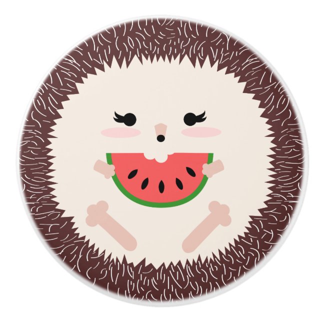 Cute Brown Hedgehog Eating Watermelon Slice Knopp (Framsidan)