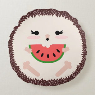 Cute Brown Hedgehog Eating Watermelon Slice Rund Kudde