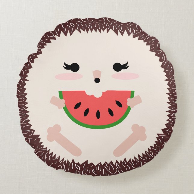 Cute Brown Hedgehog Eating Watermelon Slice Rund Kudde (Framsidan)