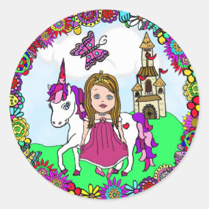 Cute Brown Hjärtat Princess och Unicorn Castle Runt Klistermärke