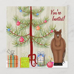 Cute Brown Horse, Julgran Birthday Inbjudan