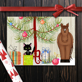 Cute Brown Horse och Kitten Barn jul Helgkort