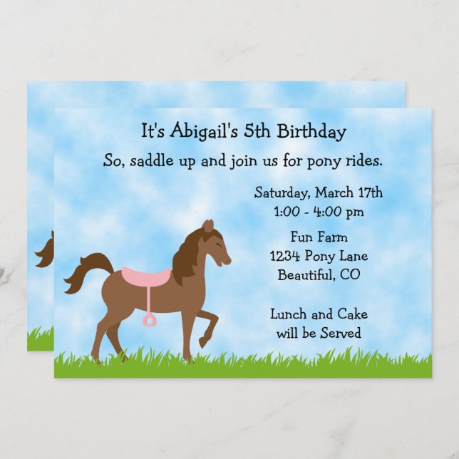Cute Brown Horse Pony Rides Girls Birthday Inbjuda Inbjudningar (Fram/baksida)
