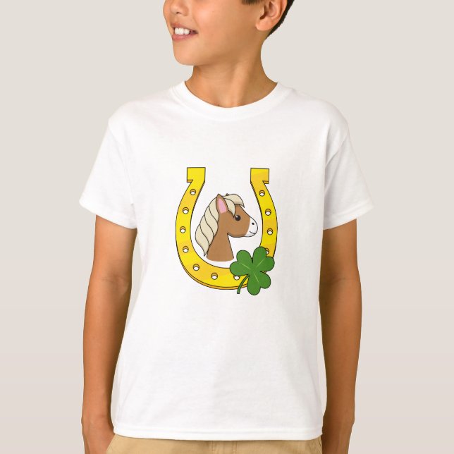 Cute Brown Horse w Golden Horse Shoe, Shamrock T Shirt (Framsida)