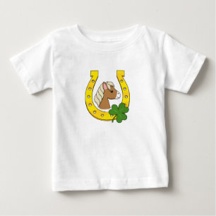 Cute Brown Horse w Golden Horse Shoe, Shamrock T Shirt