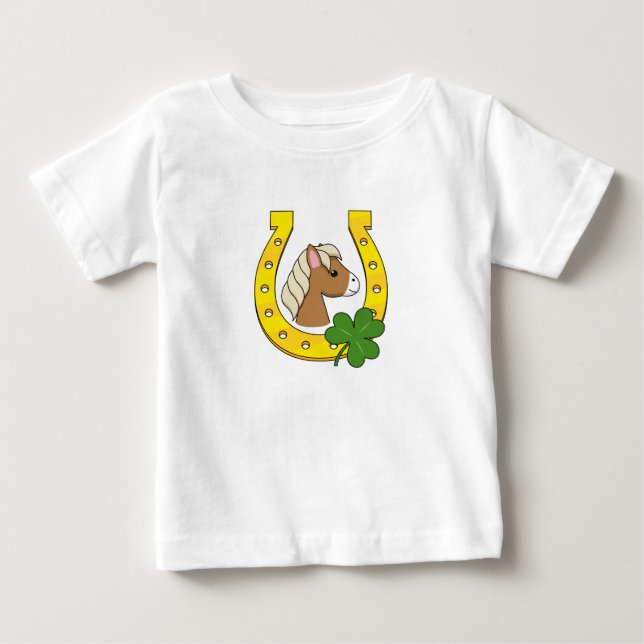 Cute Brown Horse w Golden Horse Shoe, Shamrock T Shirt (Framsida)