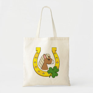 Cute Brown Horse w Golden Horse Shoe, Shamrock Tygkasse
