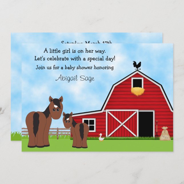 Cute Brown Horses and Red Barn Baby Shower Inbjudningar (Fram/baksida)