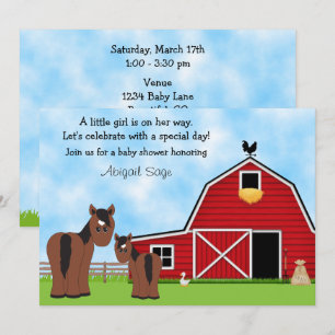 Cute Brown Horses and Red Barn Baby Shower Inbjudningar