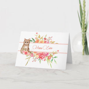 Cute Brown Kattunge med Rosa Flowers Påsk Card Kort