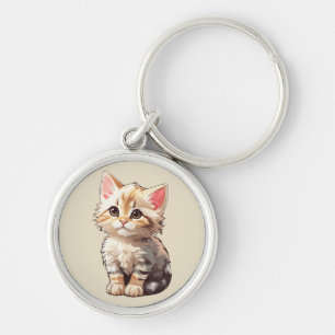 Cute Brown Kawaii Kitten Rund Silverfärgad Nyckelring