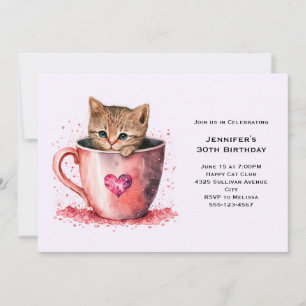 Cute Brown Kitten i en Tekopp-födelsedag Inbjudningar