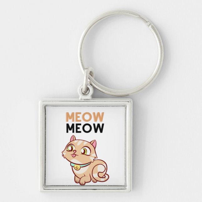 Cute Brown Meow Cat Fyrkantig Silverfärgad Nyckelring (Framsidan)