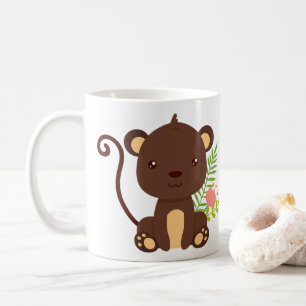 Cute Brown Monkey med Rosa Flowers Kaffemugg