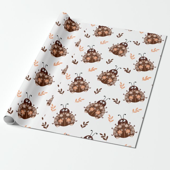 Cute Brown och Beige Ladybug och Flower Mönster Presentpapper (Utrullad)