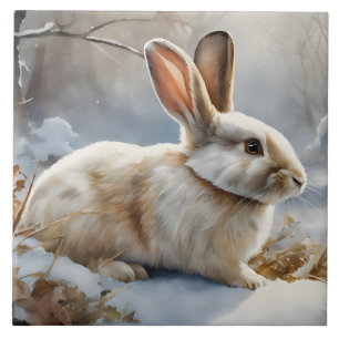 Cute Brown och White Bunny Rabbit i Snö Kakelplatta