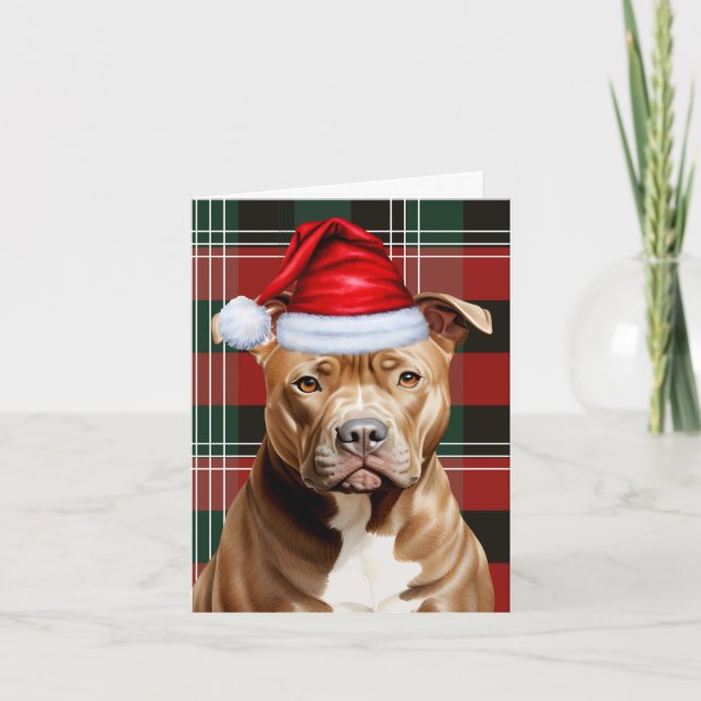 Cute Brown Pitbull Santa Hund Red Grönt Play Helgkort (Framsida)