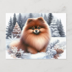 Cute Brown Pommern Winter Art Vykort