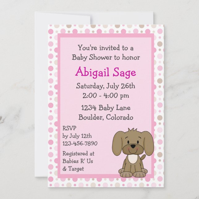 Cute Brown Puppy Hund Rosa Girls Baby Shower Inbjudningar (Framsida)