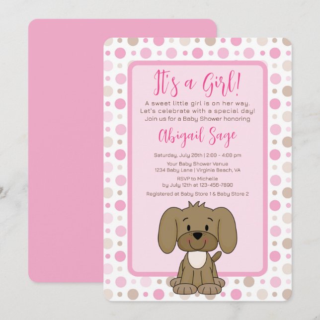 Cute Brown Puppy Hund Rosa Polka Dot Baby Shower Inbjudningar (Fram/baksida)