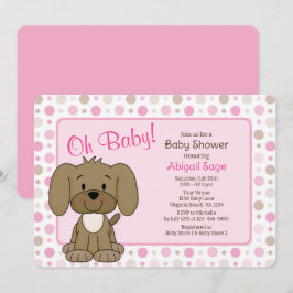 Cute Brown Puppy Hund Rosa Polka Dot Baby Shower Inbjudningar