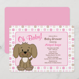 Cute Brown Puppy Hund Rosa Polka Dot Baby Shower Inbjudningar