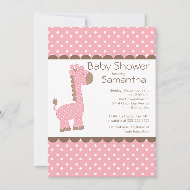 Cute Brown Rosa Giraffe Girls Baby Shower Inbjudningar (Framsida)