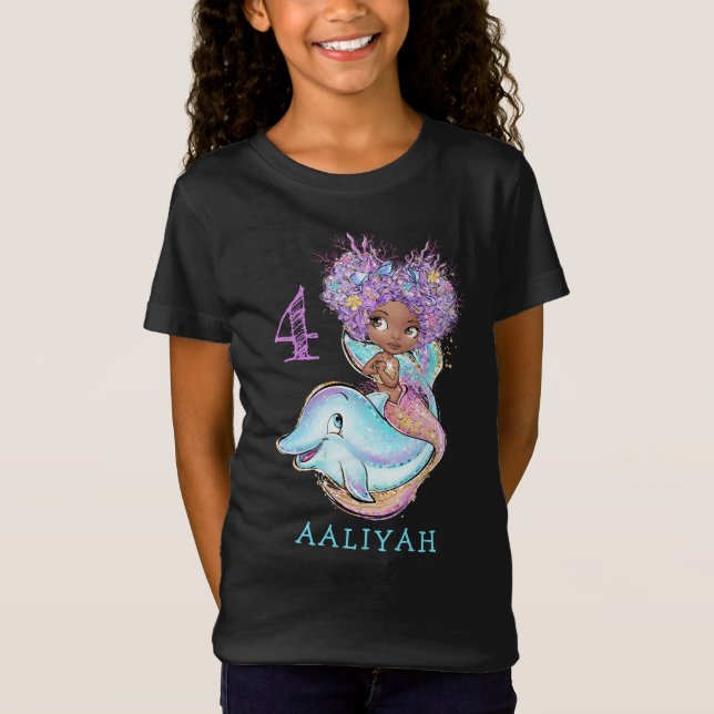 Cute Brown Sjöjungfru med Dolphin Birthday T-Shirt (Framsida)