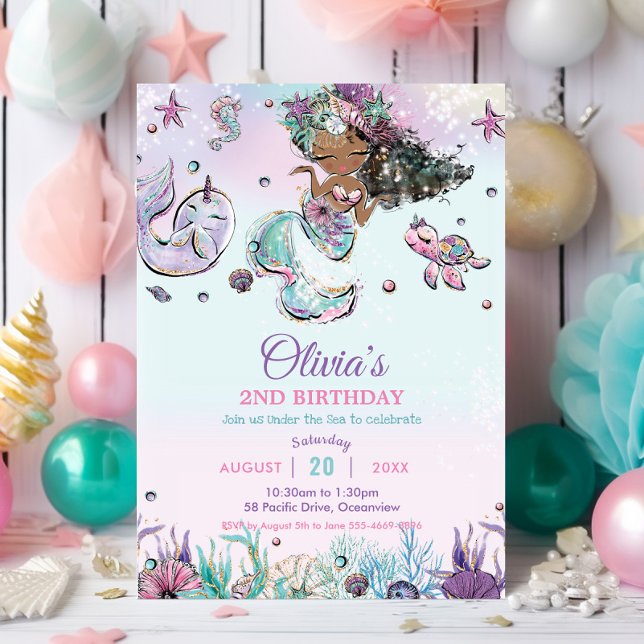 Cute Brown-Sjöjungfrun under Sea Narwhal Birthday Inbjudningar (cute black african brown mermaid under the sea shells pool birthday party invitation cards digital  )