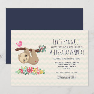 Cute Brown Sloth Hanging från en Gren Baby Shower Inbjudningar