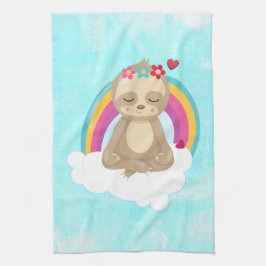 Cute Brown Sloth, Medittion på ett moln Kökshandduk