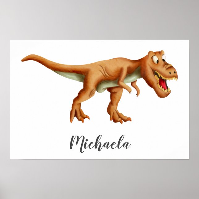Cute Brown T-Rex Dinosaur med rum för Barn Poster (Framsidan)