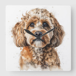 CUTE BROWN TAN COCKAPOO PUPPY HUND FYRKANTIG KLOCKA